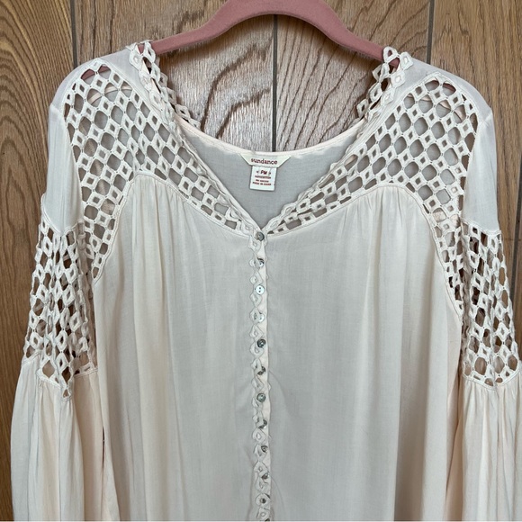 Sundance Romantic Boho Long Sleeve Button Front Open Knit Details Peasant Blouse - Picture 2 of 14
